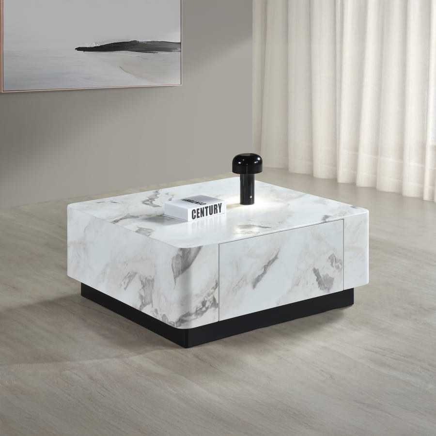 Table basse carrée XL 2 tiroirs en marbre d'ingénierie blanc et noir